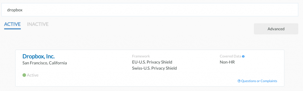 Privacy Shield - Dropbox - RGPD